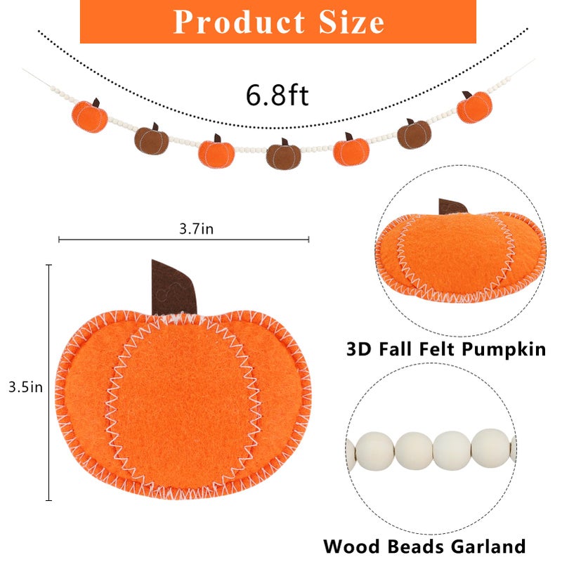 DAZONGE Thanksgiving Decorations for Home, Felt Pumpkin Bead Garland for and Wood Bead for Thanksgiving Decor, Fall Banner for Mantle Wall Decor - Image 3